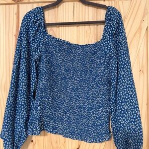 Blue Floral Smocked Long-Sleeve Women's Top